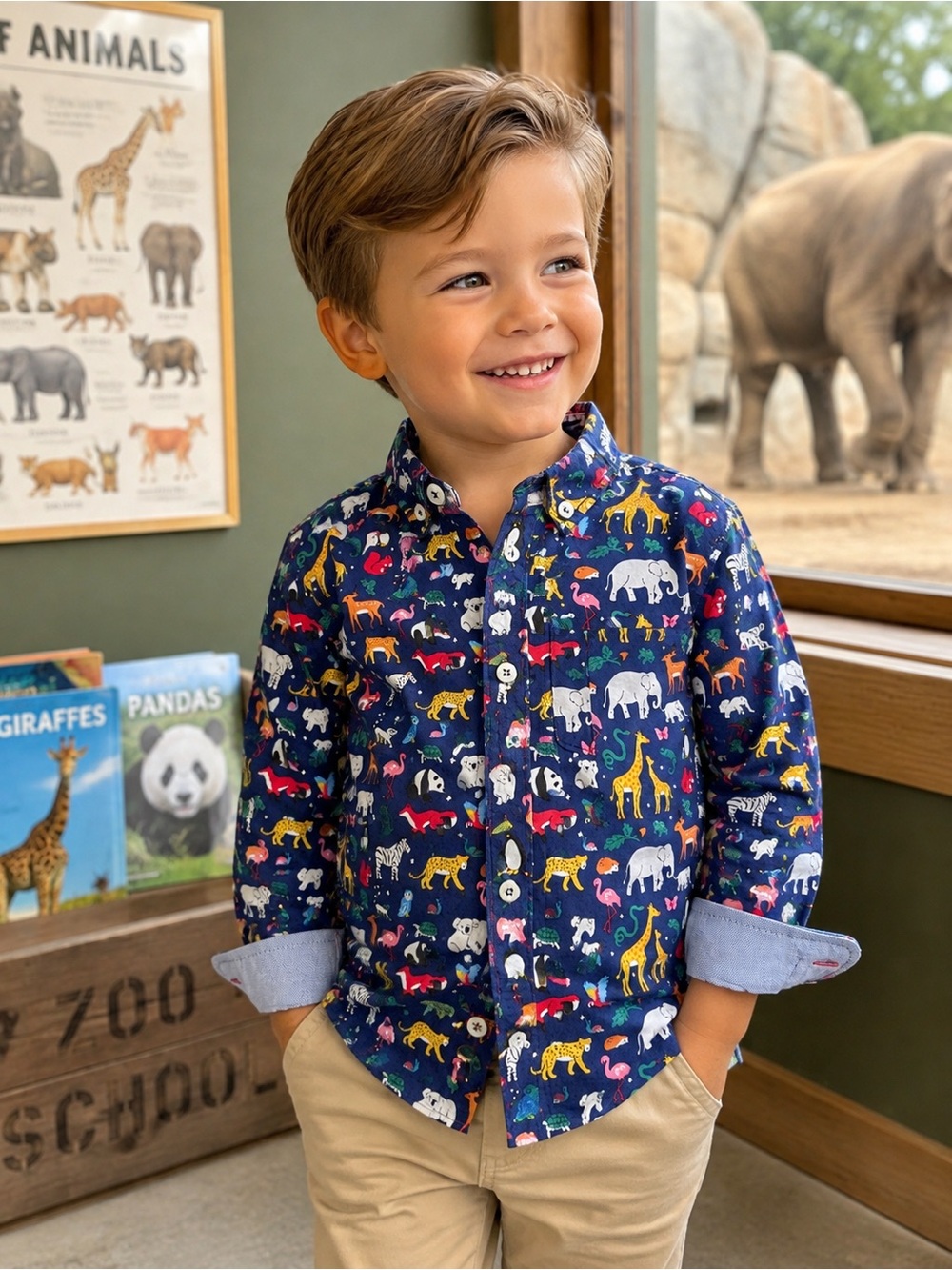 Mini Boden Boys 3-4Y Animal Safari Print Button Down Shirt 104